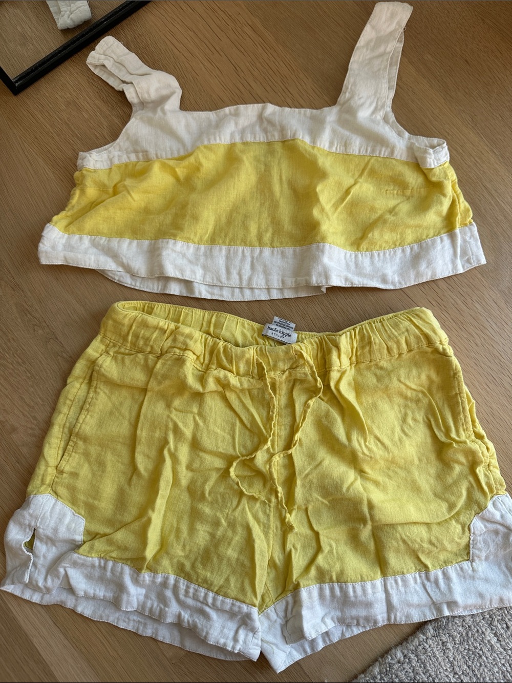 Haute Hippie Yellow and White Linen Shorts Set